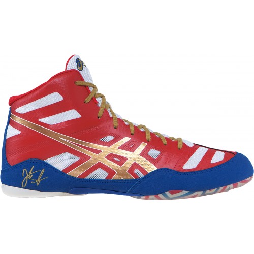 red and gold wrestling shoes