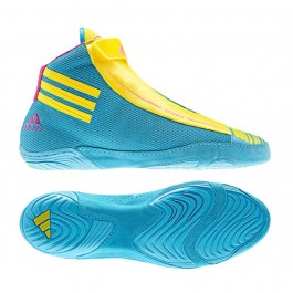 blue and yellow wrestling shoes